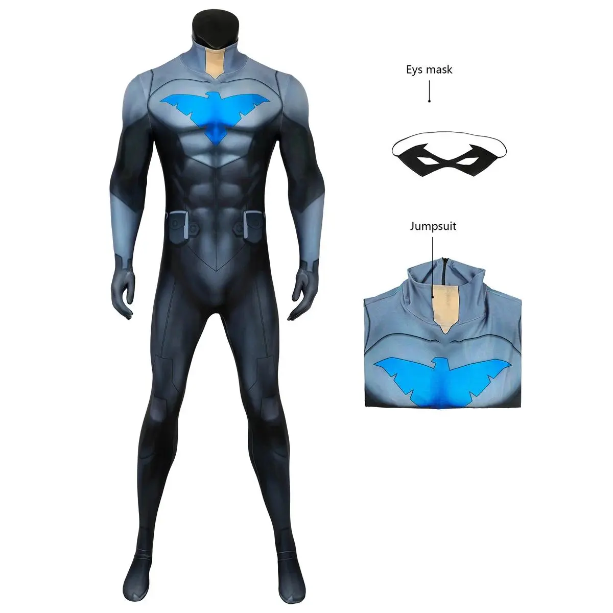 Adult Elastic Nightwing Dick Grayson Superhero Titans Cosplay Jumpsuit with Mask & Accessories, Halloween Carnival Masquerade Clothes Bodysuit Outfit
