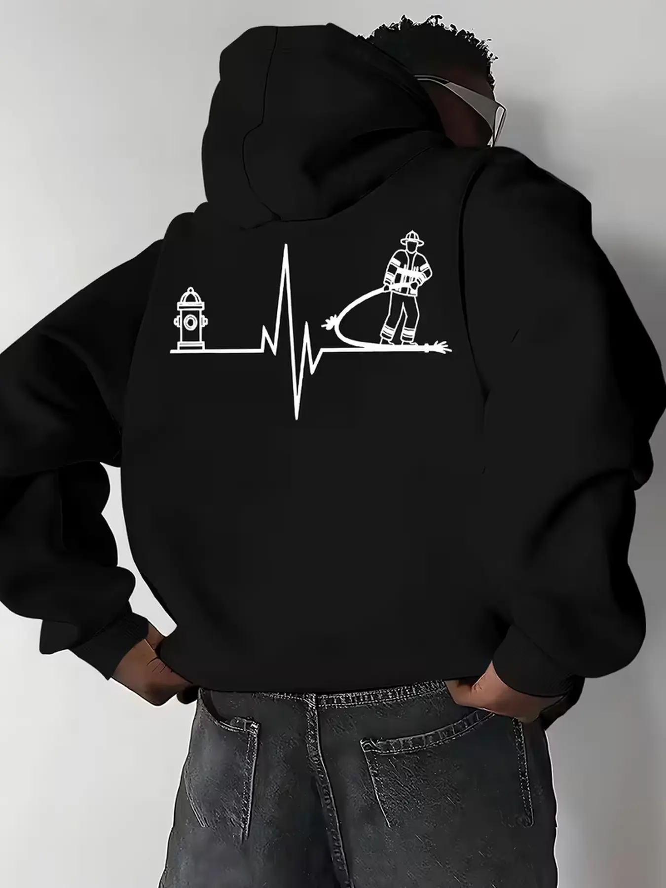 Men's versatile casual pullover hoodie with firefighter and fire hydrant graphic print, fashionable sweatshirt for home leisure and outdoor daily wear.