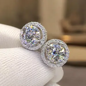 2026 New Moissanite Iced Out Studs | Round Halo Hip Hop 925 Silver Earrings | Unisex Jewelry Gift w/ Certificate