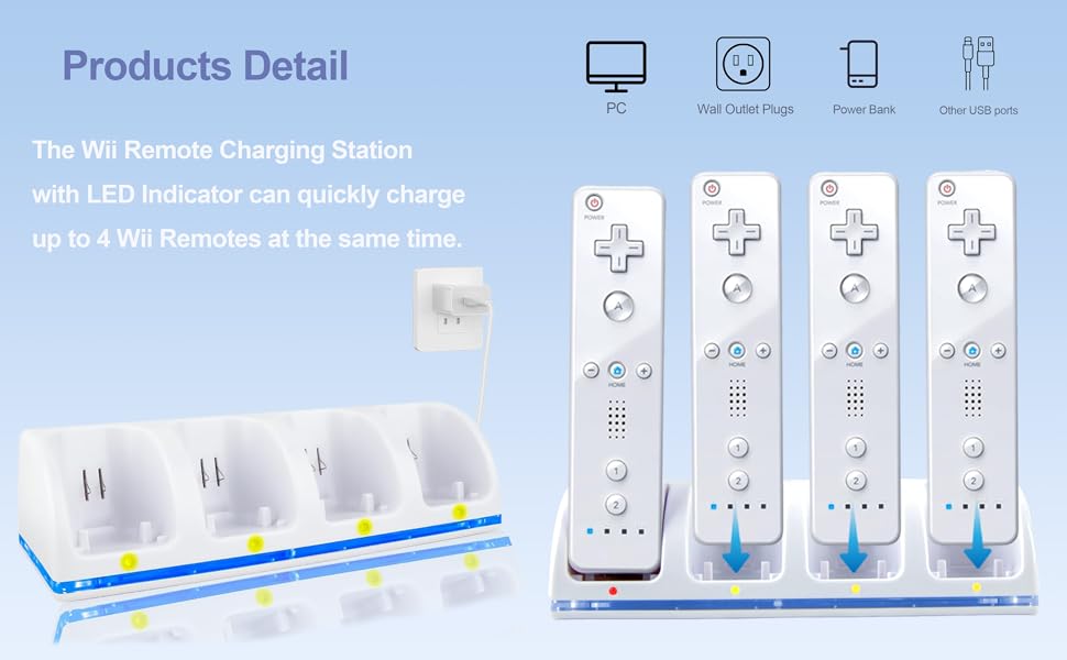 4-in-1 Remote Charging Station Accessories with 4 Pack 2800mAh Rechargeable Batteries, Plugs and USB Cable for Wii/Wii U Controllers (Controllers Not Included)