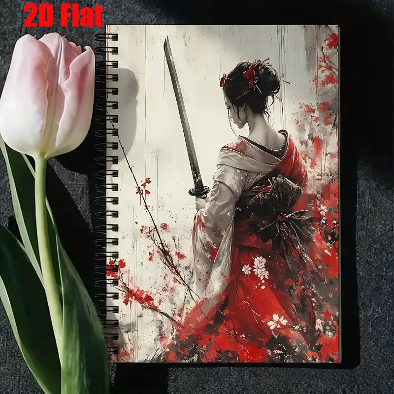 1pc Japanese Samurai Girl Spiral Notebook, 5.7x8.26 inch, High-quality Lined Pages, Durable Binding, Perfect for Daily Journaling, School Notes, Office Work, Great Gift for Anime Fans on Halloween, Christmas, Birthdays [2D] Flat