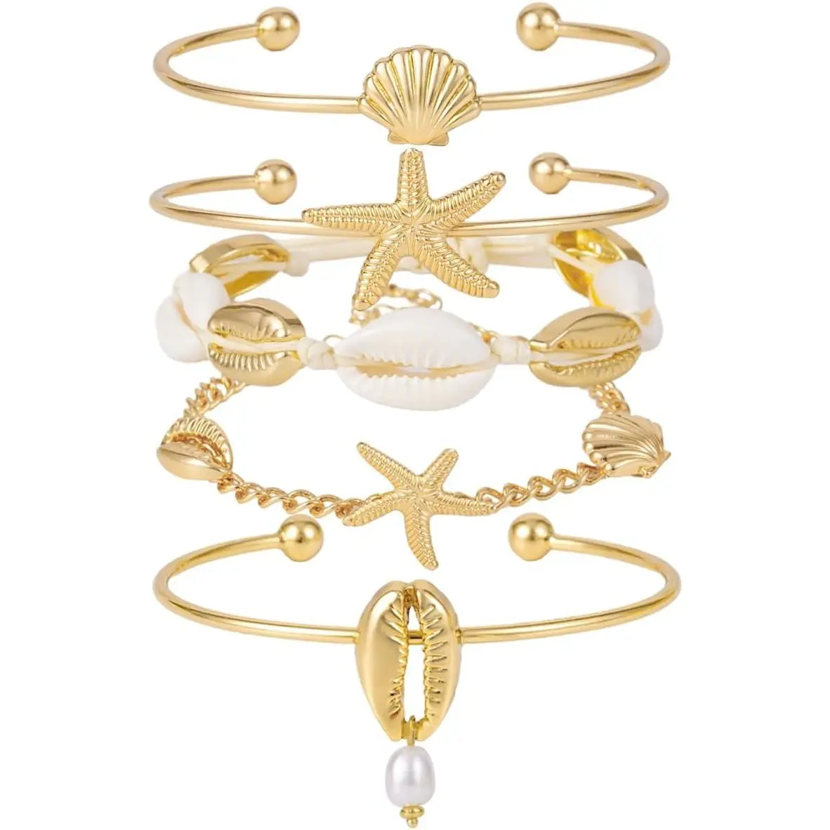 Stackable Boho Charm Bracelet Set for Women, Gold Plated Beaded Stretch Bracelets with Seashell & Starfish for Summer Beach