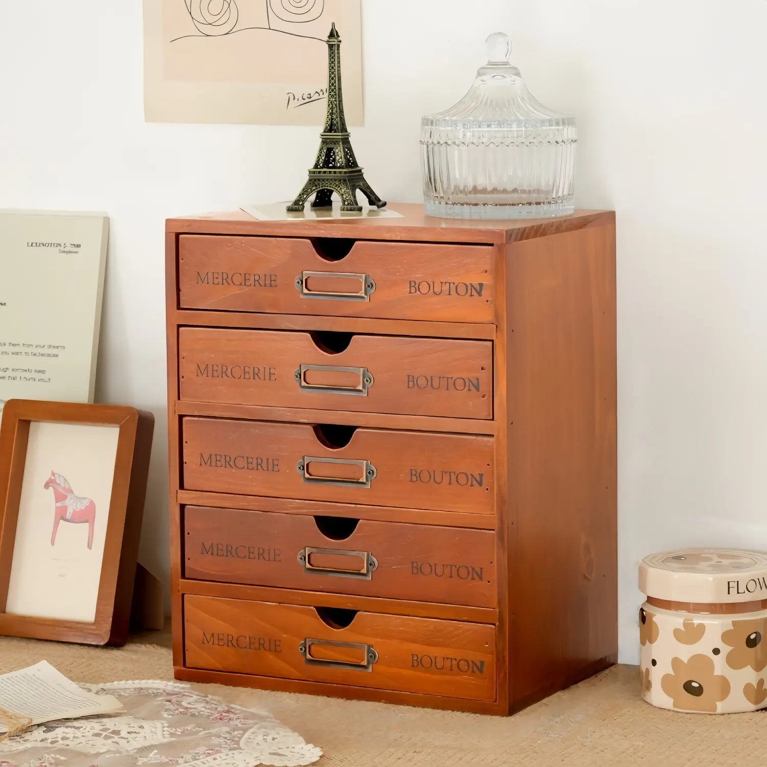 5-Drawer Large Jewelry Storage Box, Vintage Wooden Apothecary Cabinet with Lockable Lid, for Organizing Earrings, Necklaces, Stationery & Crafts Supplies, Home Dresser and Office Desktop Organizer, Jewelry Boxes
