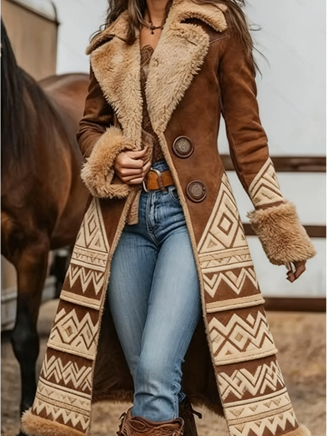 Women s Western Faux Fur Trim Long Coat, Vintage Boho Printed Jacket, Warm Casual Fall Winter Trendy Outerwear
