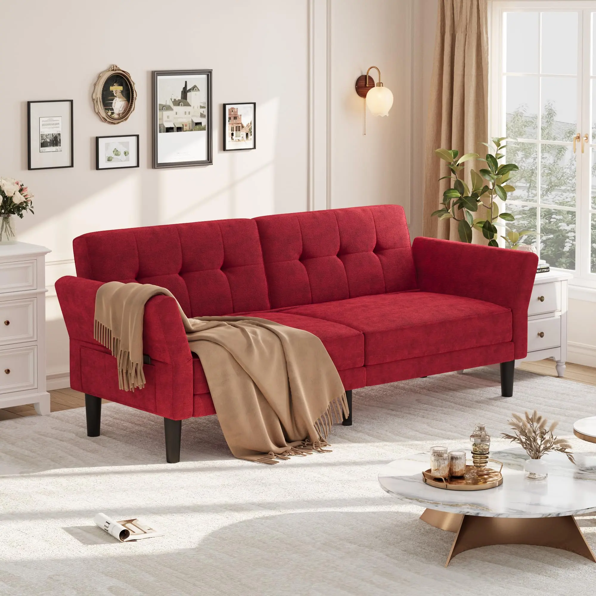 Sofa Bed Futon Convertible Couch – Adjustable Backrest & Armrest, 89" Chenille Upholstered Sleeper Sofa for Small Spaces, Guest Room, Apartment & Studio