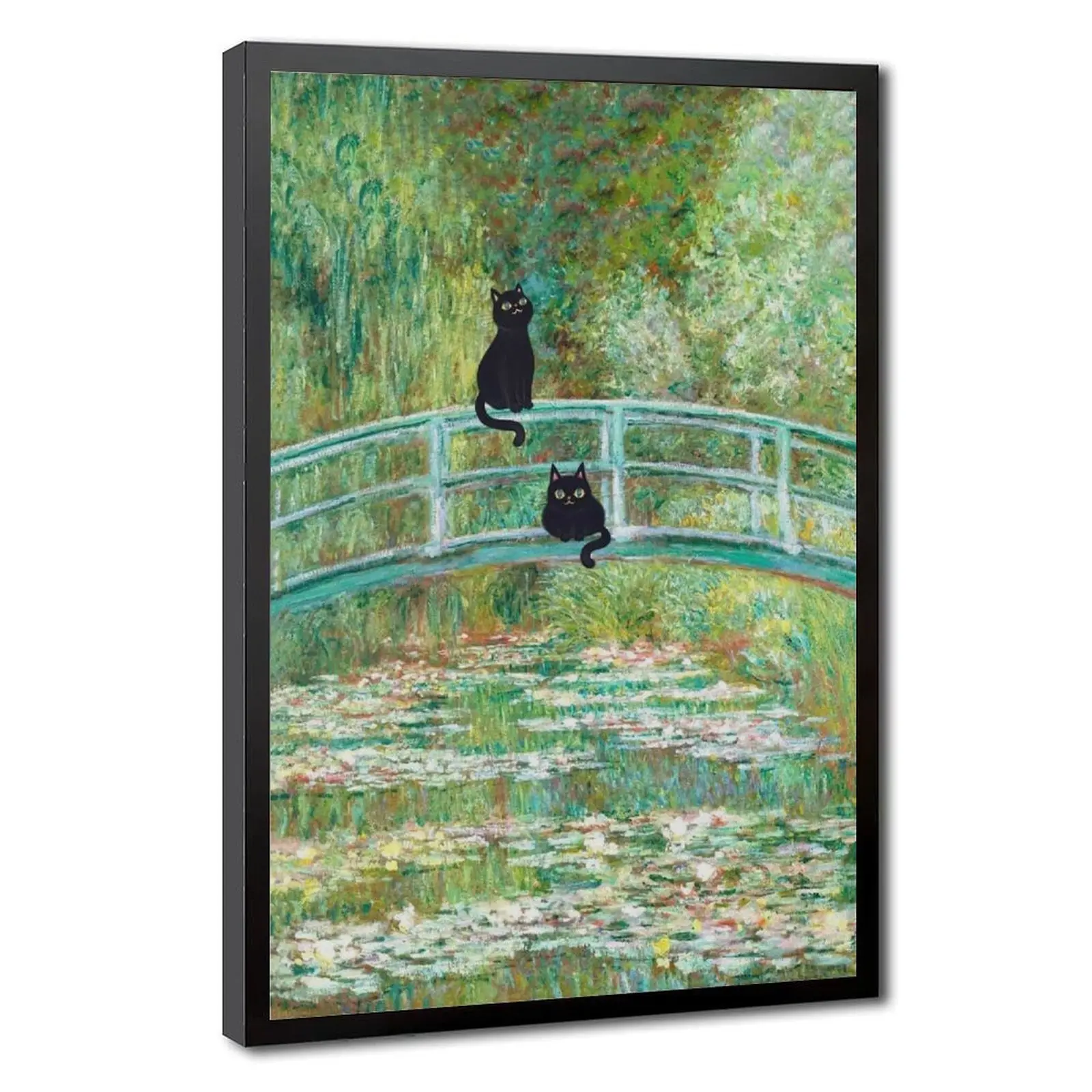 Monet Black Cat Water Lily Bridge Vertical Canvas Art, Funny Famous Painting Creative Poster, Perfect Hanging Decor for Bedroom, Living Room, Study Room