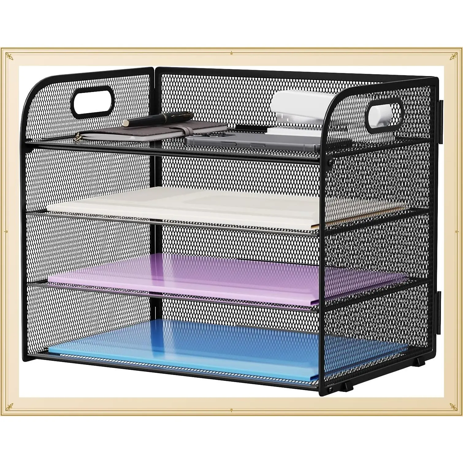 4-Tier Mesh Paper Organizer Letter Tray with Handle, Desktop File Sorter for Letter/A4 Office Documents - Black, 12.6" x 9.1" x 10.7"Gift