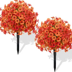 2 Pack Fall Artificial Boxwood Topiary Balls with Mums Flowers, UV Resistant No-Fade Fake Greenery Bushes with Spikes, Outdoor Front Porch Garden Patio Thanksgiving Farmhouse Decor