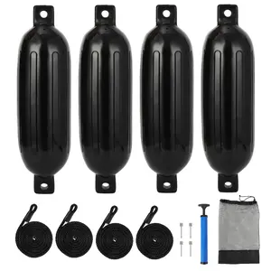 Boat Fenders 8.5 x 27 inches Pack of 4，Ribbed Double Eyes Marine Boat Bumpers with Ropes and Inflation Pump