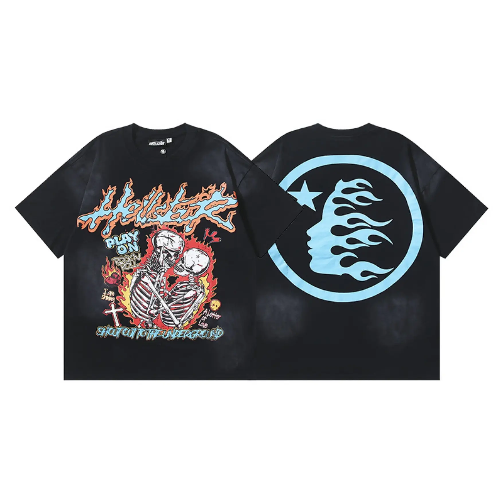 HELLSTAR Kissing Skeletons Flame Graphic Washed T-Shirt Black 100% Heavyweight Cotton Vintage Wash Graphic Tee Menswear Fall Outfit Oversized Drop Shoulder His and Hers Alternative Streetwear Y2K Hip Hop Crewneck Short Sleeve Top