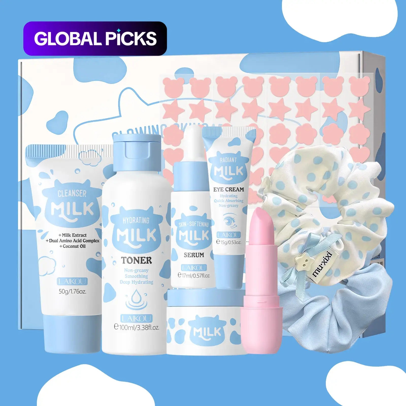 Laikou Milk Skincare Set, Cleanser 50g, Toner 100ML , Serum 17ML, Eye Cream 15g, Moisturizer 25g , Lip Balm 3.5g, Acne Patches X3