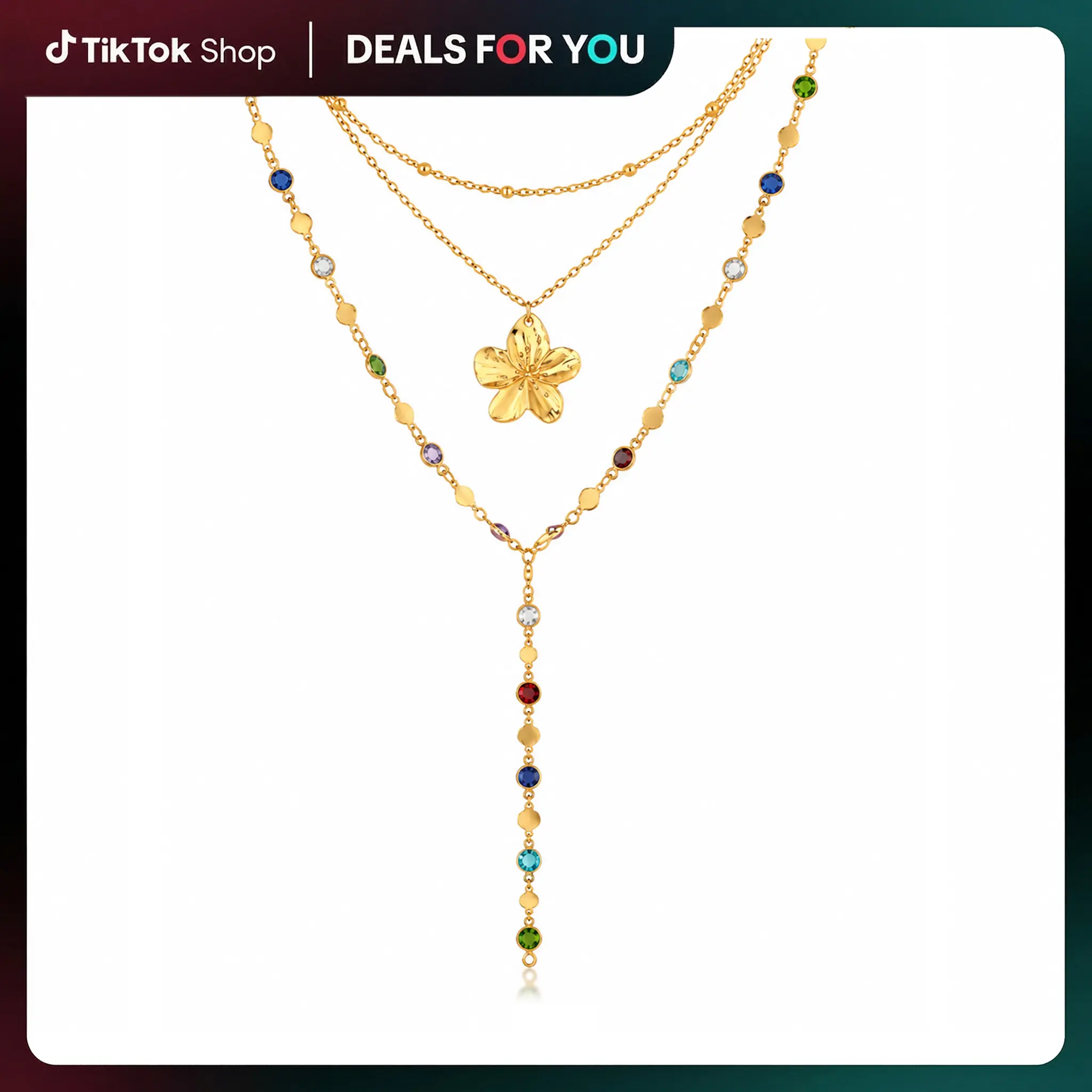 Y2K Layered Stacking Aesthetic Multicolor Zircon Beach Vacation Necklace | Wildflower Pendant Lariat Set | Sun-Kissed Y-Line Choker | Pre-stacked Summer Festival Body Jewelry | Boho Statement Silhouette fashionable valentine
