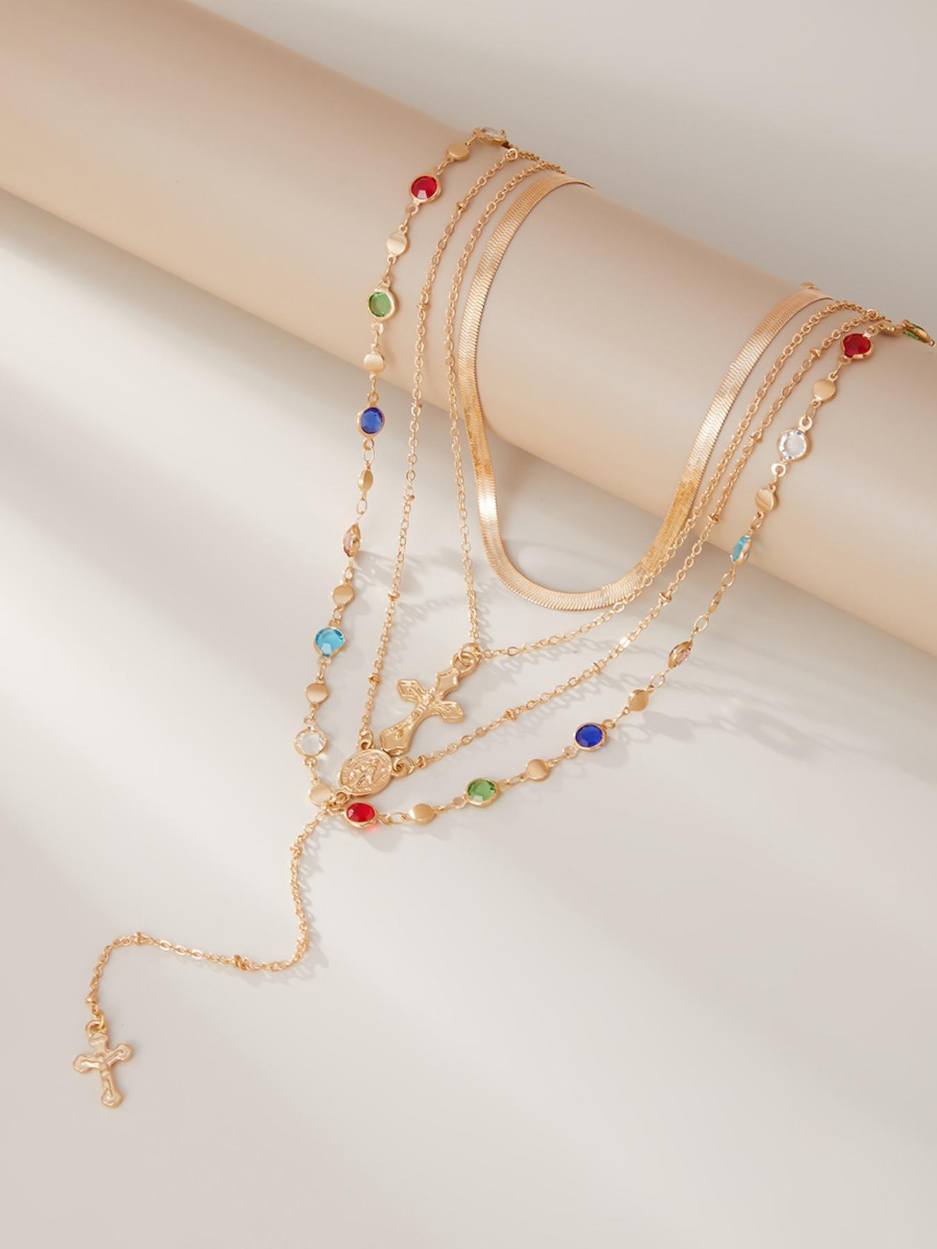 4 Piece Vintage Metal Jesus Cross Y-Style Long Necklace Set, Stunning Bohemian Colorful Crystal Pendant for Women, Perfect for Everyday and Vacation Wear, Layered Necklaces