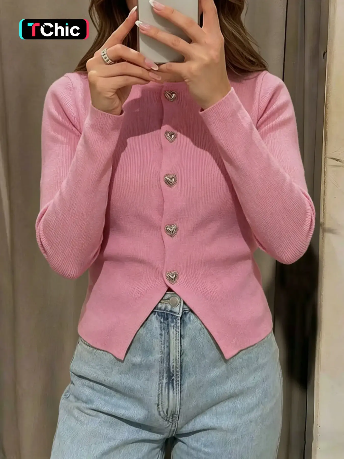 Round Neck Silver Color Heart Button Waist Vertical Stripe Knit Cardigan, Stylish Women's Outerwear, Perfect for Casual Wear