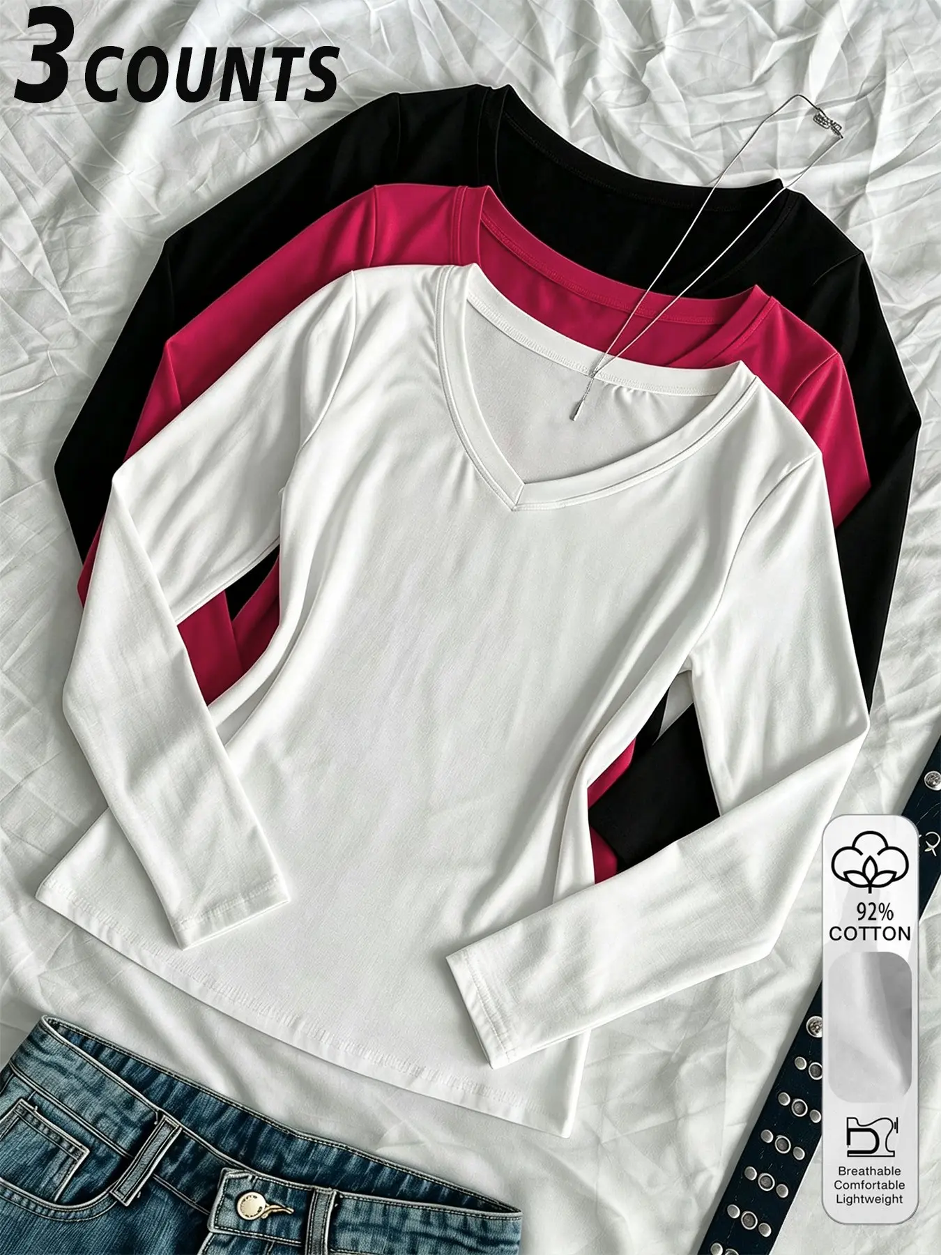 3-Piece Women's Set, Deep V-Neck, Tight Fit, Solid Color, Versatile, Long Sleeve Pullover T-Shirt, Ideal for Fall Winter
