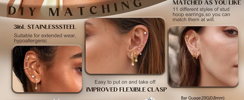 Trendy Hypoallergenic 14K Gold Plated Flat Back Earrings for Women Surgical Stainless Steel Stud Hoop Set Cartilage Helix Tragus Piercing Jewelry Comfort Gift