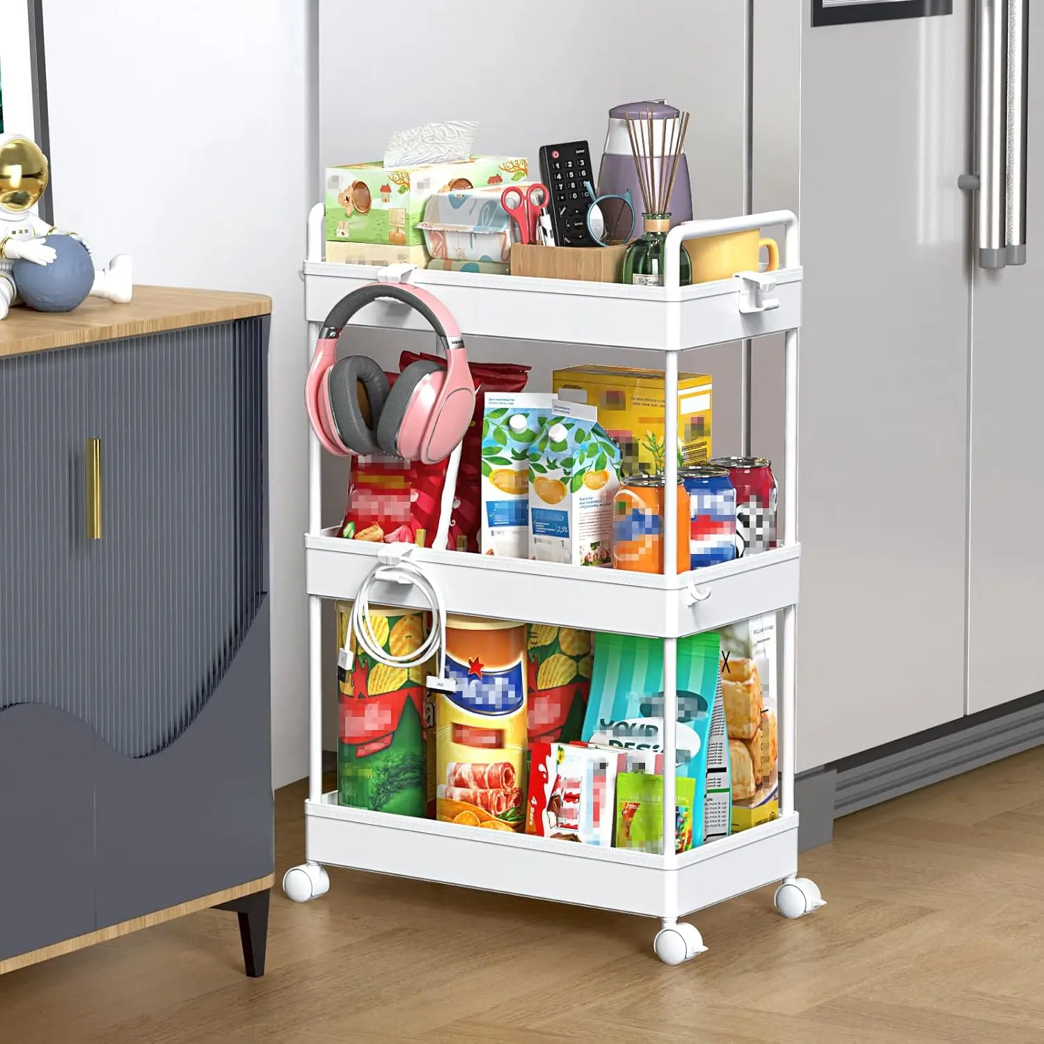 3 Tier Rolling Cart with Wheels Slim Craft Nail Makeup Snack Art Baby Cart Organizer on 2 Lockable Wheels for Laundry Room Bedside, White