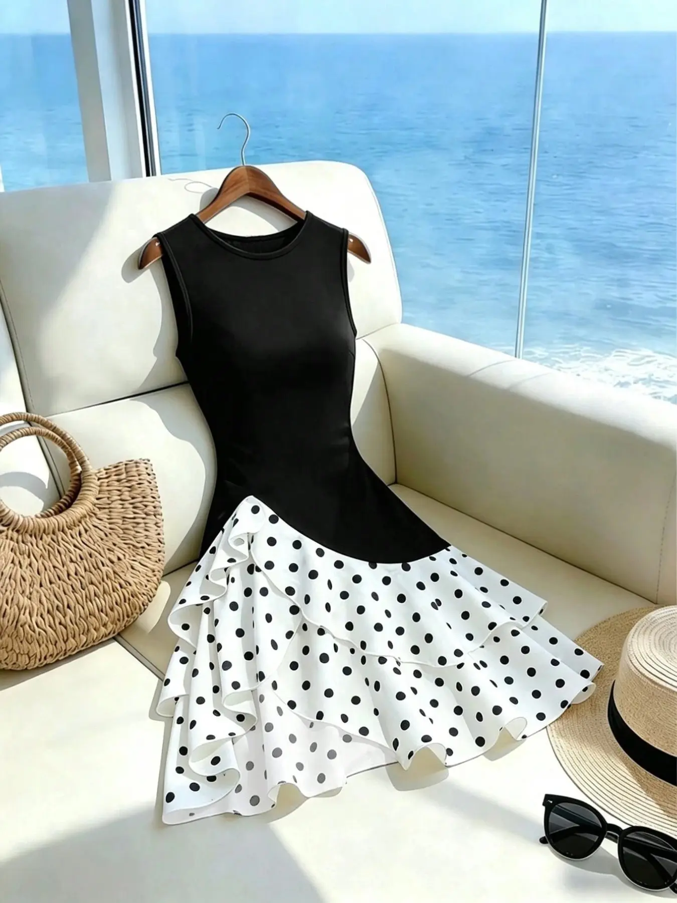 Women's Sleeveless Round Neck Bodycon Mini Ruffled Dress, Solid Top, Polka Dot Ruffle Layered Hem, Summer Beach Party Skirt