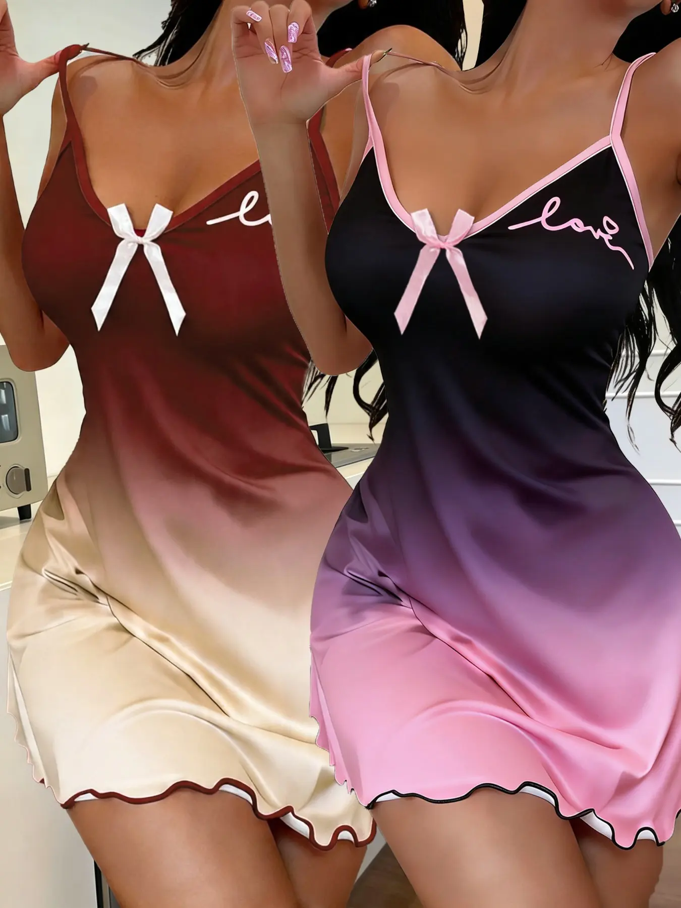 2-Piece Women's Gradient Strap Nightdress, Comfortable Sleepwear for Spring Summer, Elegant Slim-Fitting All-Over Print Nightdress