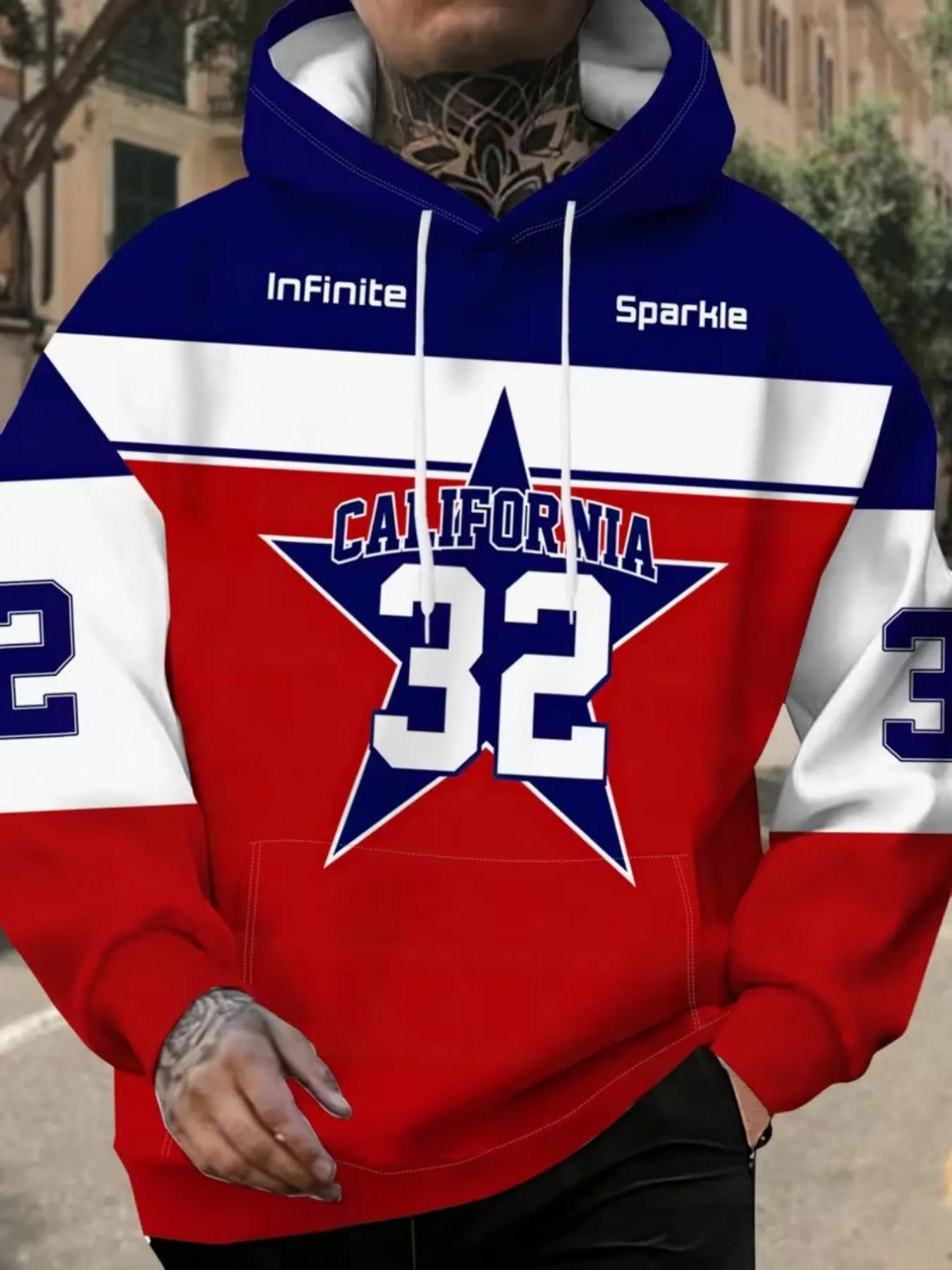 California 32 Graphic Print Hooded Sweatshirt, Unisex Casual Long Sleeve Pullover, Blue Colorblock Design, Trendy Fashion Top