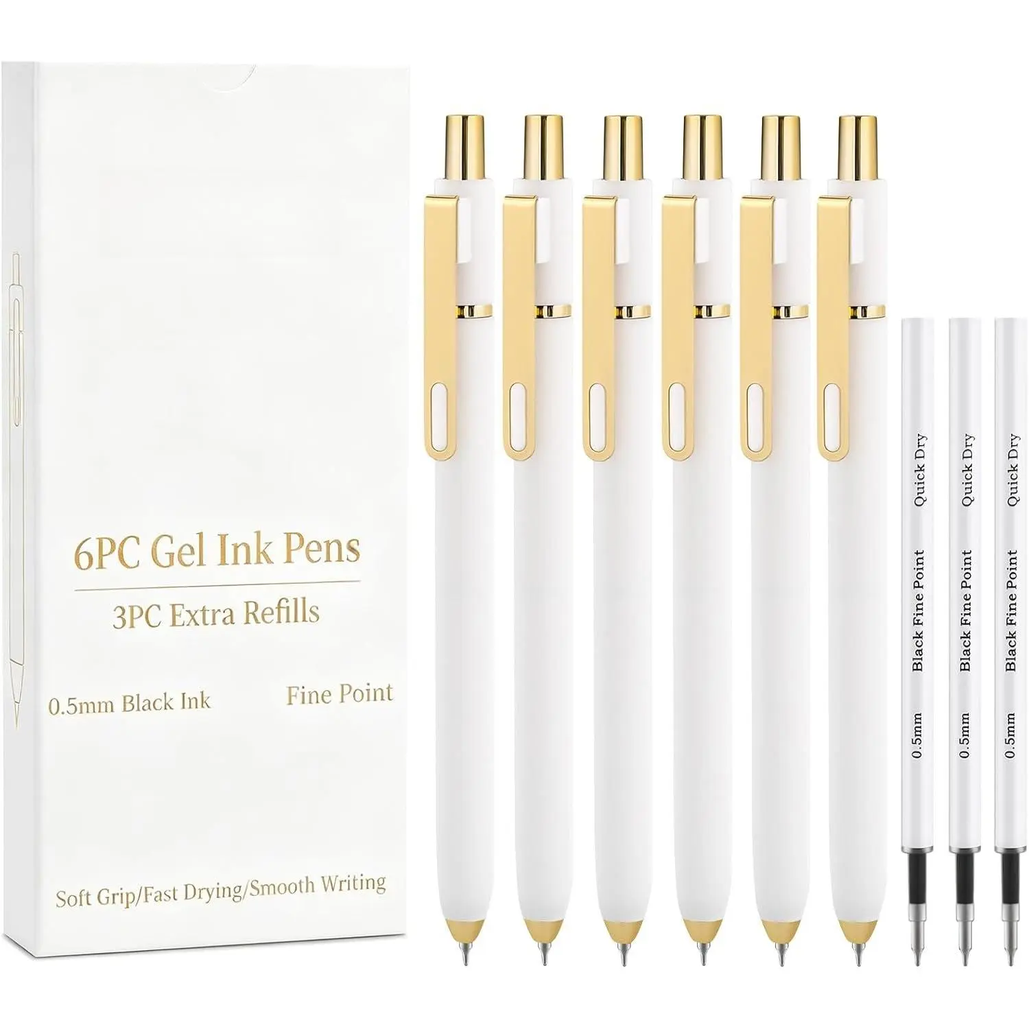 6 count Gel Pens-0.5mm Fine Point Black Ink with 3 Refill Cartridges, Soft Comfortable Grip,Smooth Fluent Writing,Retractable Design for Men Journal,Business Office and Note Taking (White)