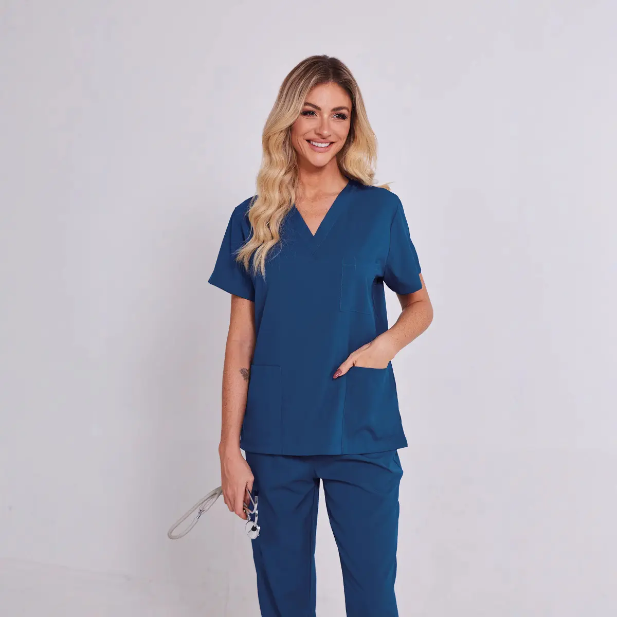 Solid Color Lapel Collar Short Sleeve Scrubs Set, Nurse Work Uniform with Tapered Jogger Pants, Professional Work wear for Hospital Beauty Salon Bathhouse