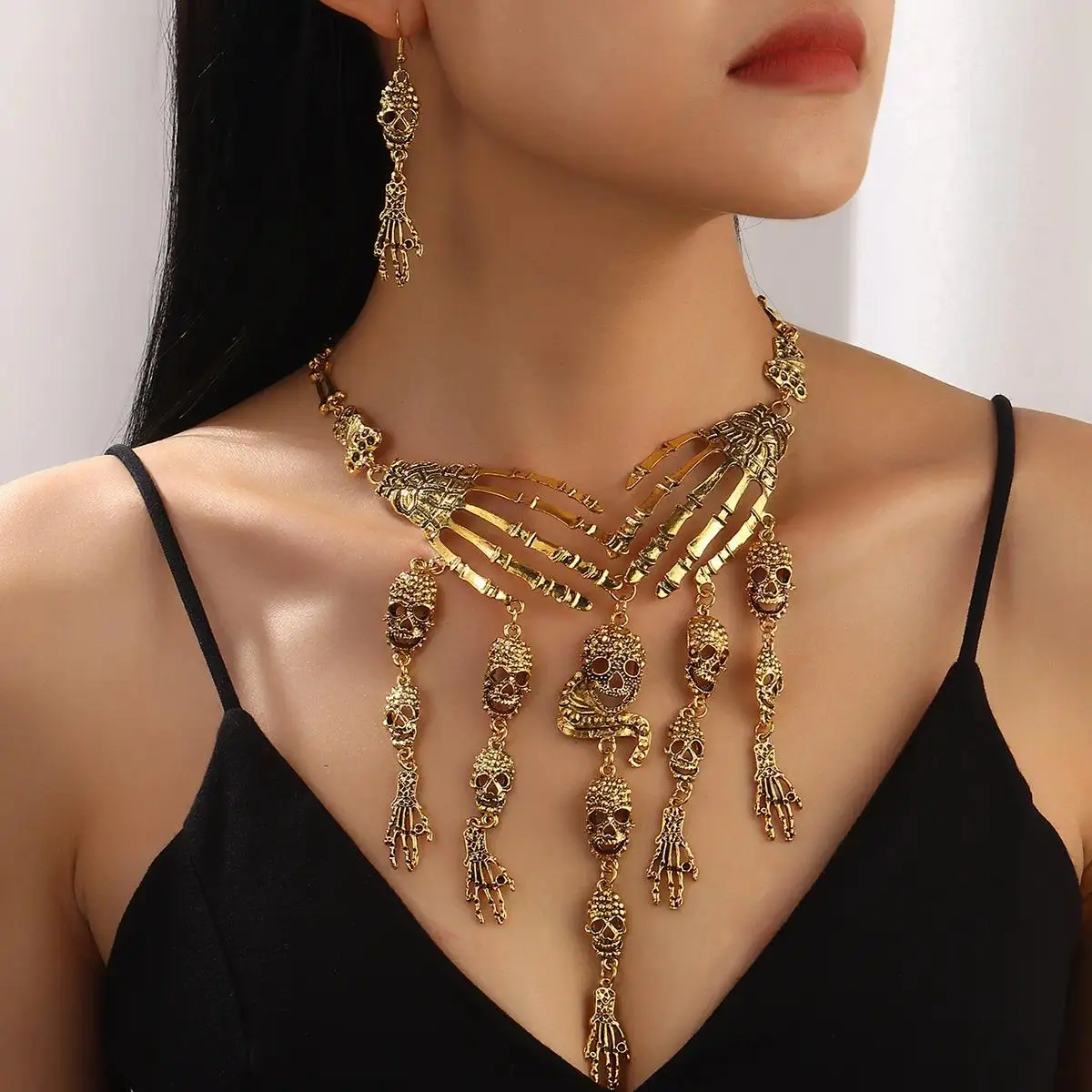 Women's 2-Piece Gothic Punk Skull Theme Jewelry Set - KC Gold Coated Alloy Layered Necklace with Bone Hand, Creepy Tassel Pendant, Chainmail Choker - Halloween Accessory, Ideal Holiday Fashion Accessory, Personalized Necklace for Gothic Punk Lovers, Two P