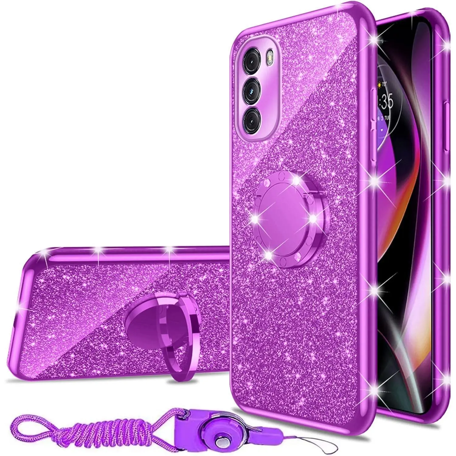 Glitter Smartphone Protector Case for Motorola Moto G 5G 2022 - Soft TPU Cellphone Accessory with 360° Rotatable Ring Kickstand, Lanyard, Bling Slim Shockproof Handheld Cover for Women - Purple