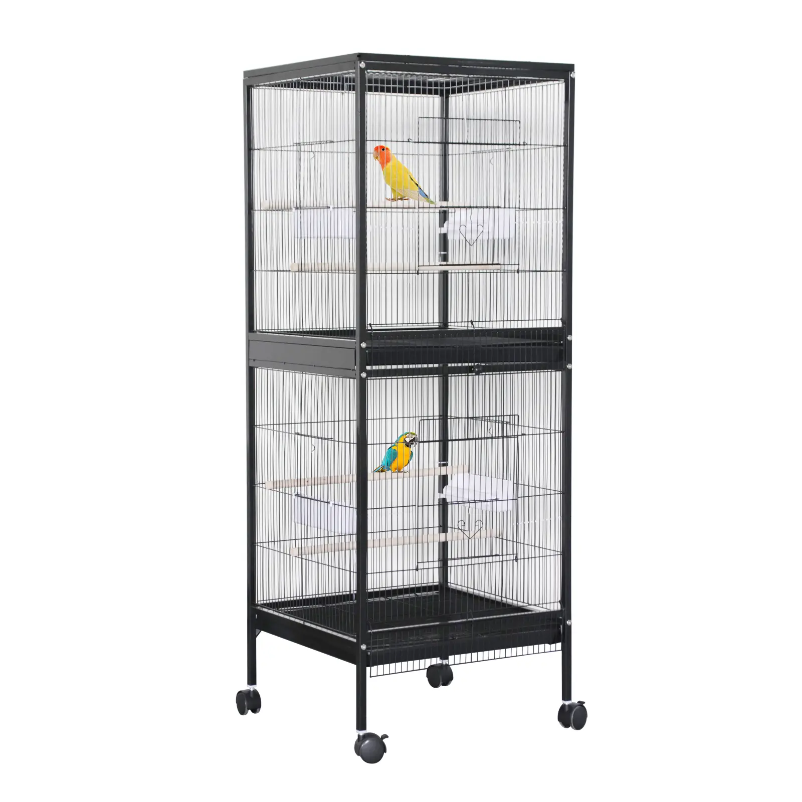 Heavy Duty 56" Wrought Iron Bird Cage with Rolling Stand – Double Stackable Aviary – Pull-Out Trays, Wooden Perches, Four Access Doors – Easy to Clean – Ideal for Parakeets, Cockatiels, Conures, Lovebirds, Finches, Budgies, Canaries