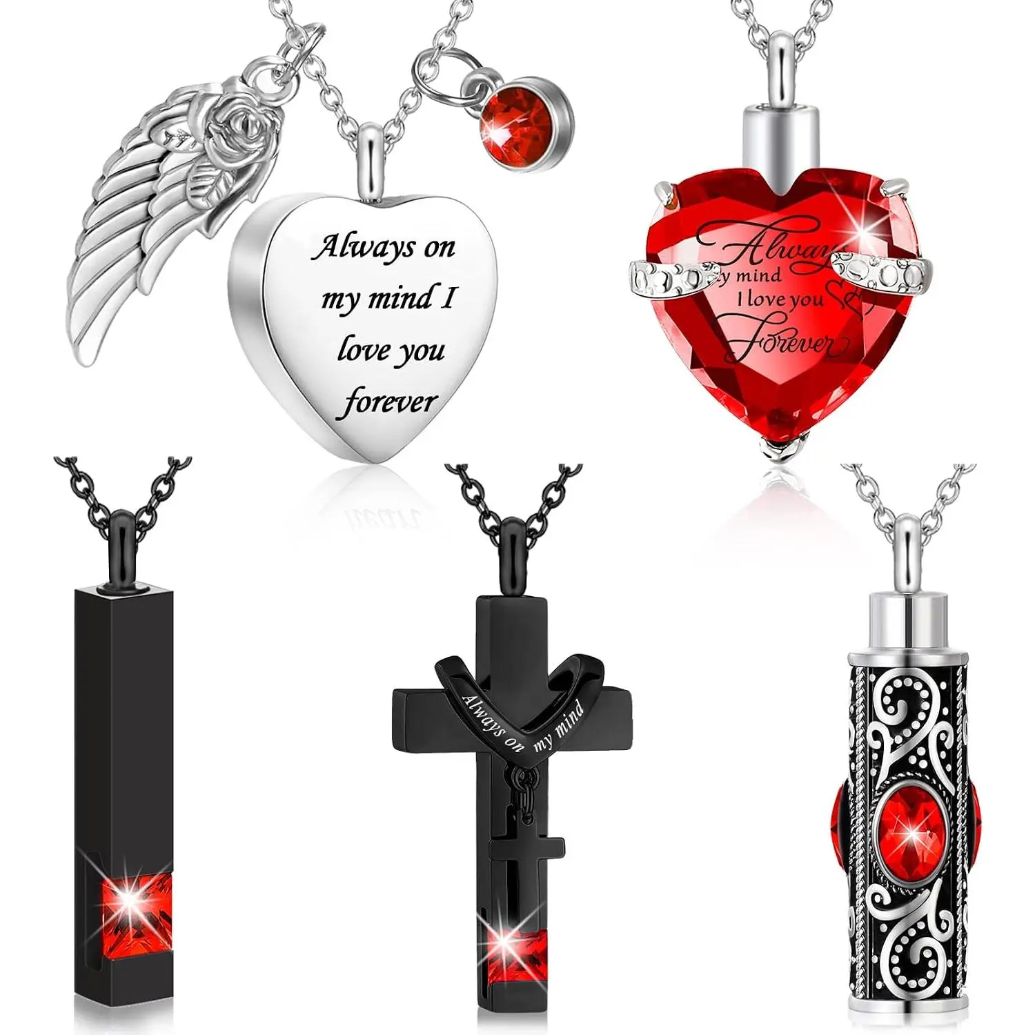 5 count Urn Necklace for Ashes Cremation  Necklace Set for Ashes Memorial  Heart  Cubic Stainless Steel Urn  for Loved  or  Women Men, 5 Styles
