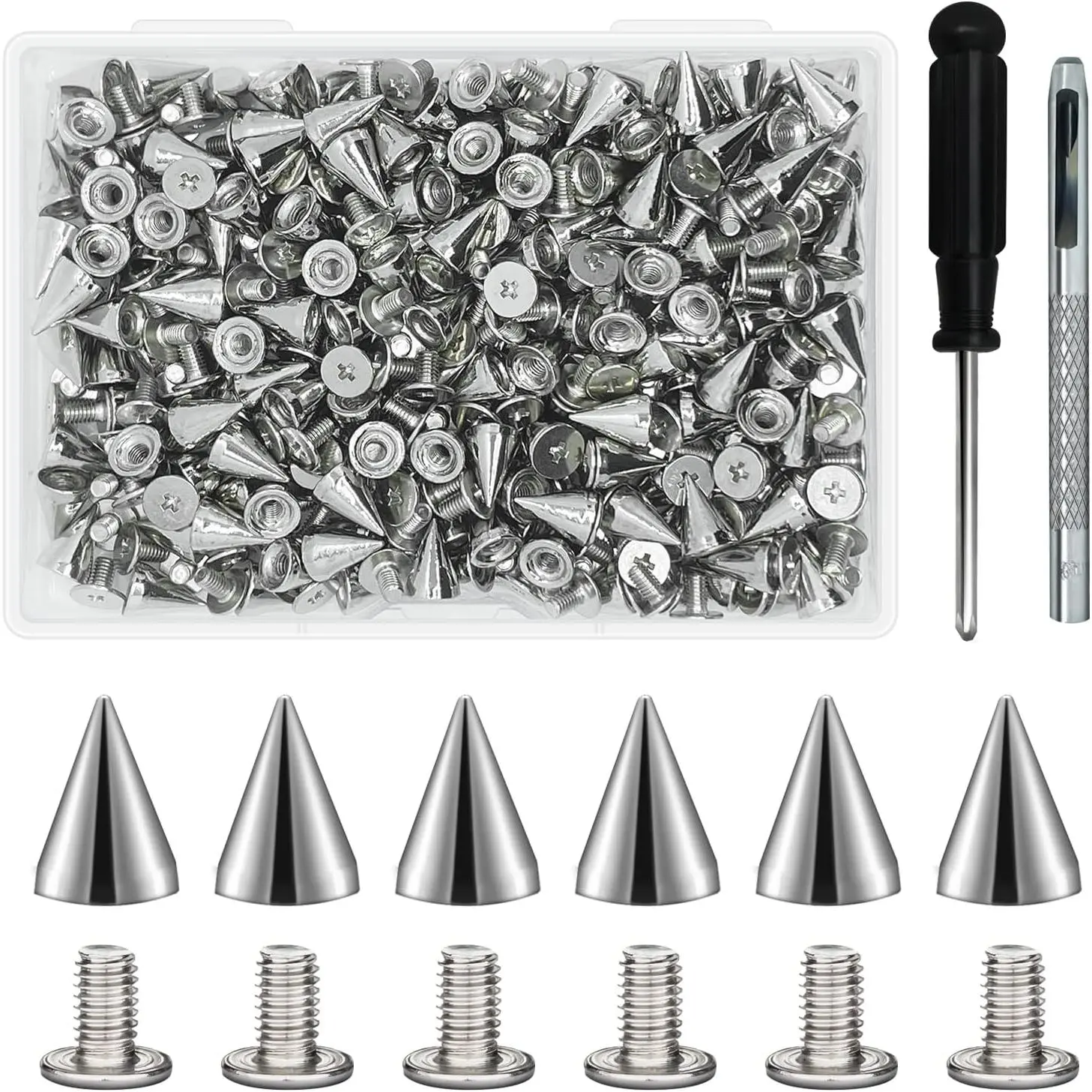 200 Sets 9.5mm Cone Spikes Metal Tree Spikes Screwback Studs for DIY Leathercraft Decoration Punk Rock Style Clothing Accessories ()
