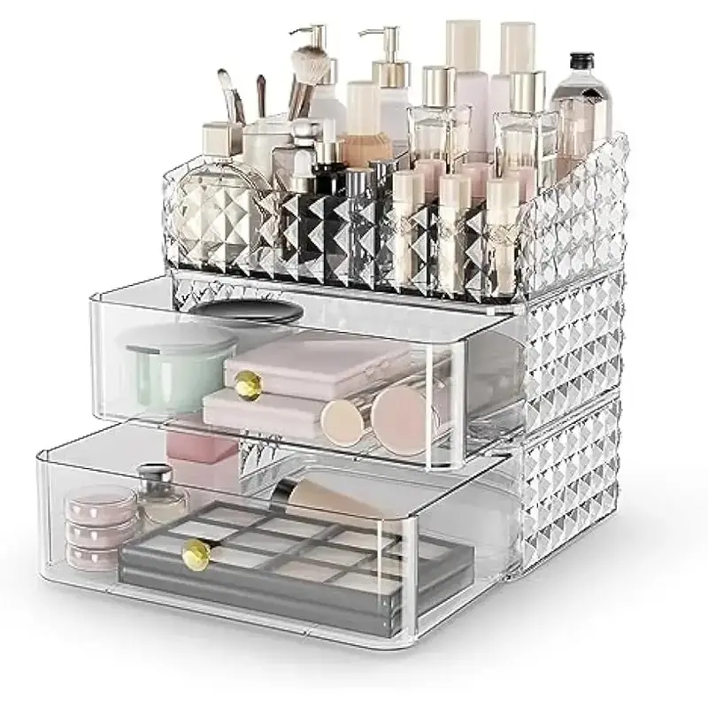 Makeup storage box, stackable cosmetic storage box, cosmetic display box with 2 drawers and 1 tray for makeup brushes, hair accessories, lipstick, and jewelry, transparent color