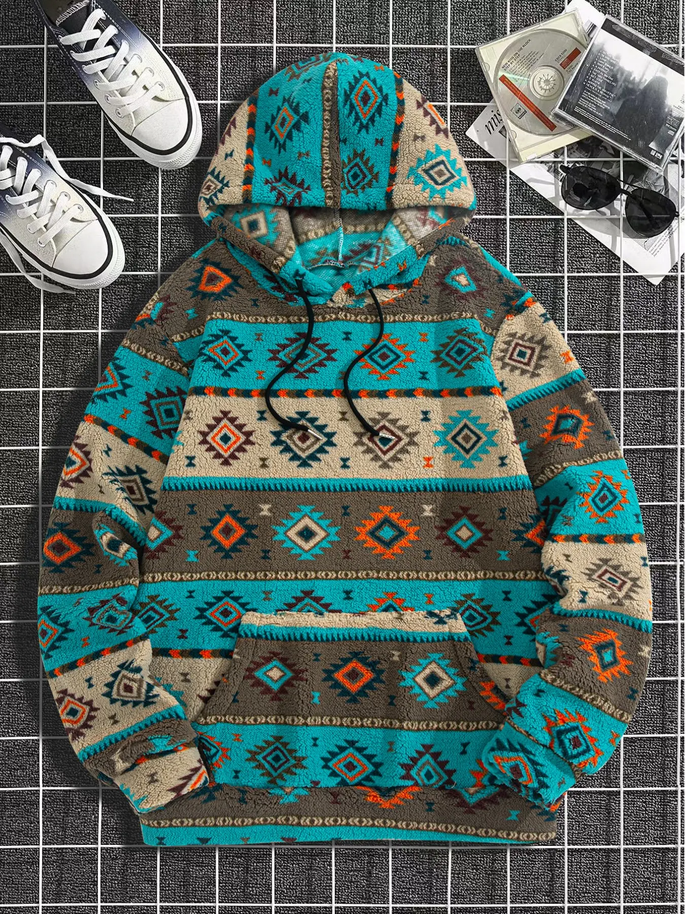 Vintage Turquoise Aztec Tribal Fuzzy Fleece Hoodie for Men, Allover Ethnic Geometric Drawstring Hooded Sweatshirt, Warm Cozy Pullover for Travel Hiking