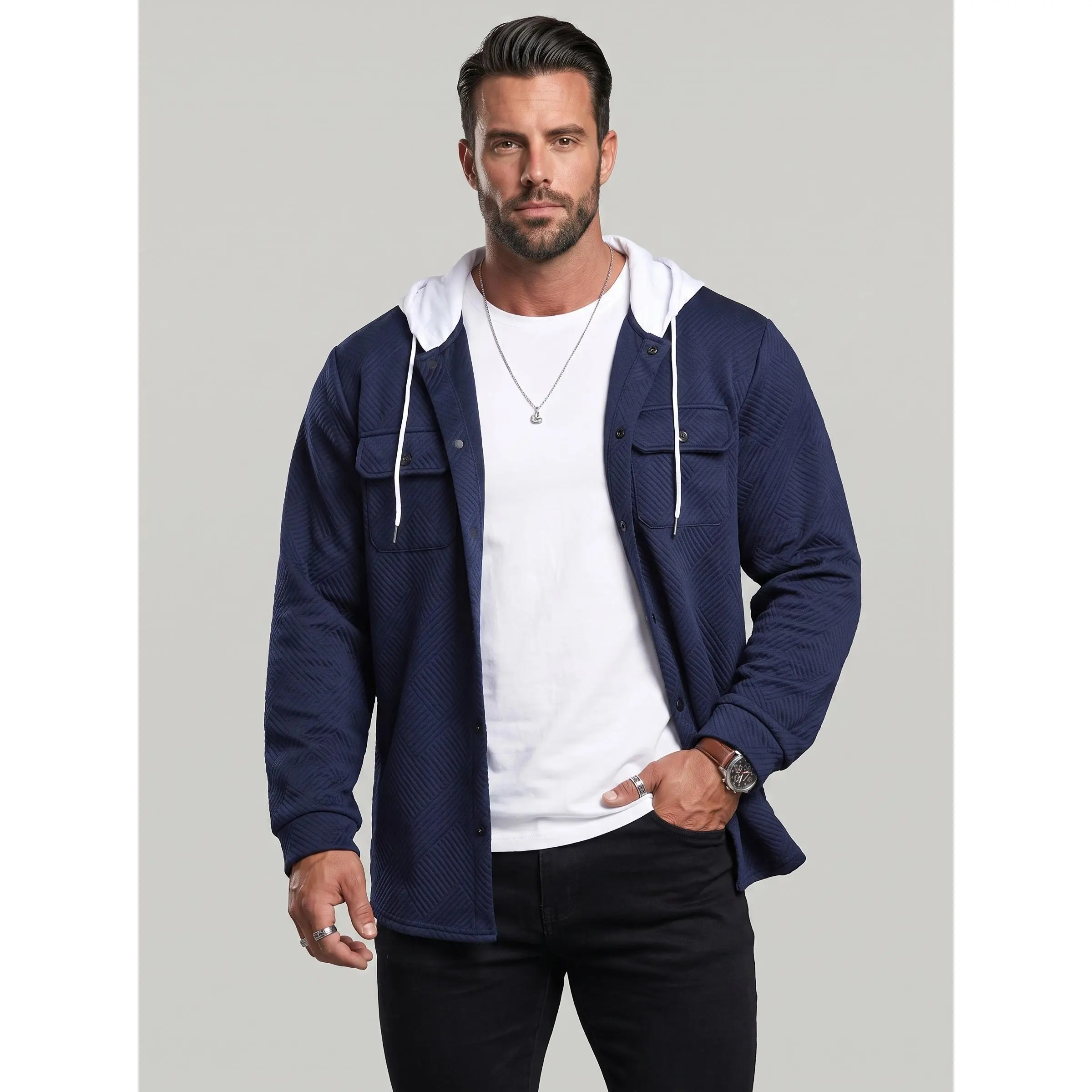 KZZ Men's Heavyweight Hoodie - Textured Jacquard Fabric, Color-Blocked, Medium Length, Pocket Detail, Casual Wear Sports Sweatshirt