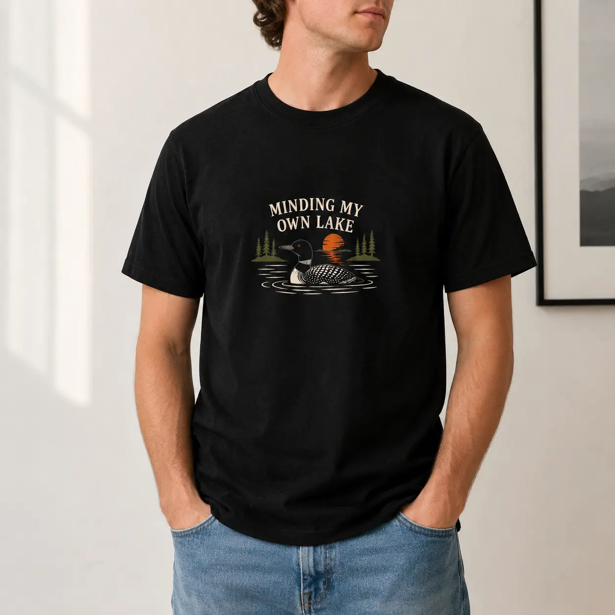 Minding My Own Lake T-Shirt, Vintage Loon Graphic Tee, Lake Life Nature Shirt for Bird Lovers, Cabin Trips & Outdoor Gifts Casual Crewneck