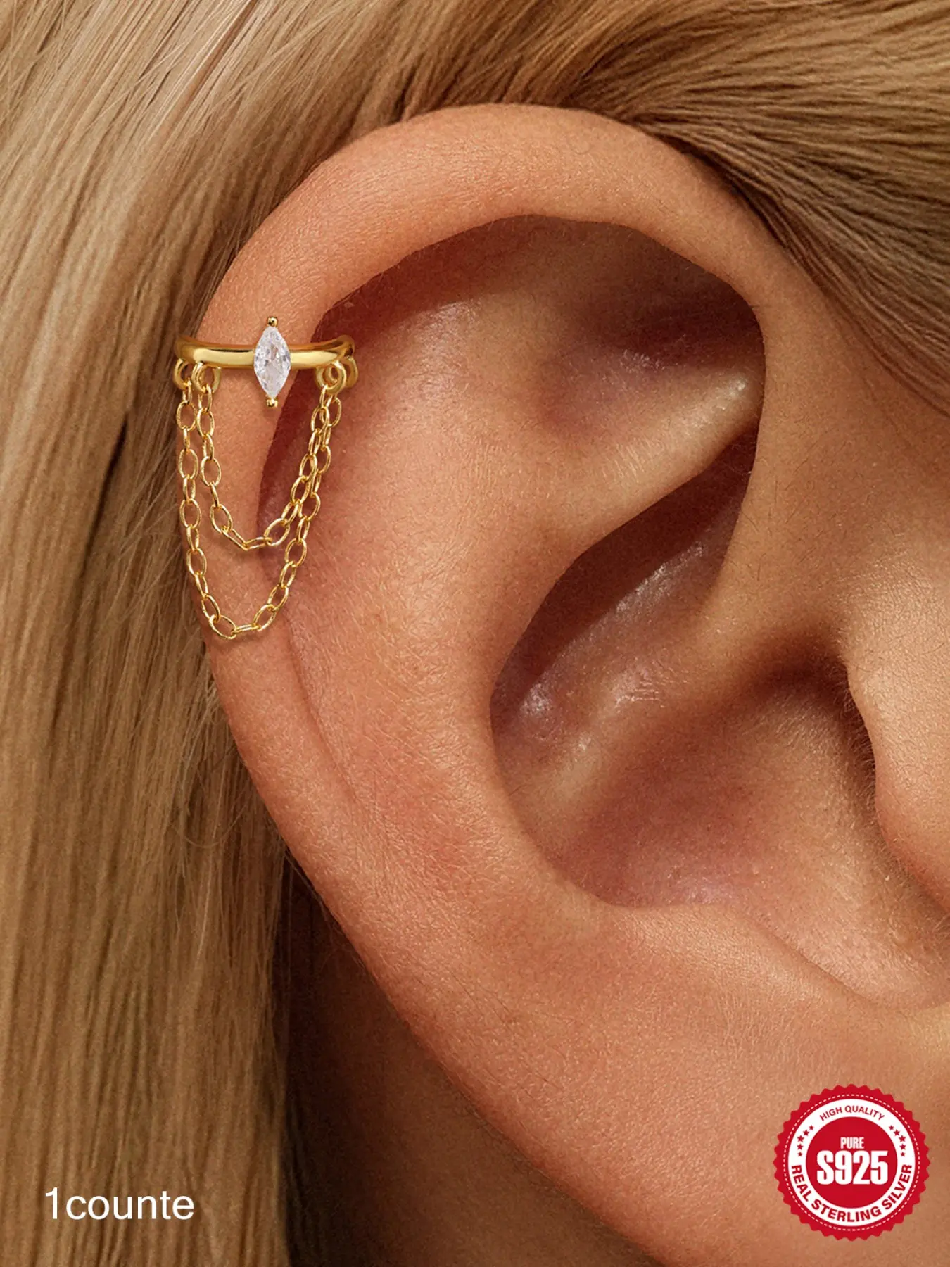 1Pc 18K Gold S925 Silver Marquise CZ Double Chain Clicker Septum Hoop, Pillow Proof Waterproof Helix Earring Piercing High Quality Earrings, Chic Y2K Night Out Summer Vacation, Perfect Birthday Mother’s Day Christmas Gift for Men Women Wedding Set