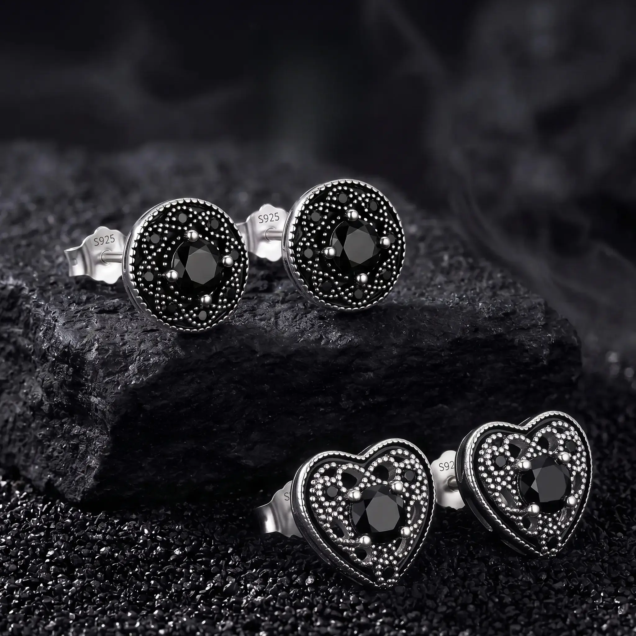 Black Obsidian Stud Earrings, Heart and Mandala Vintage Gothic Filigree Earrings, Birthday Anniversary Gift for Women