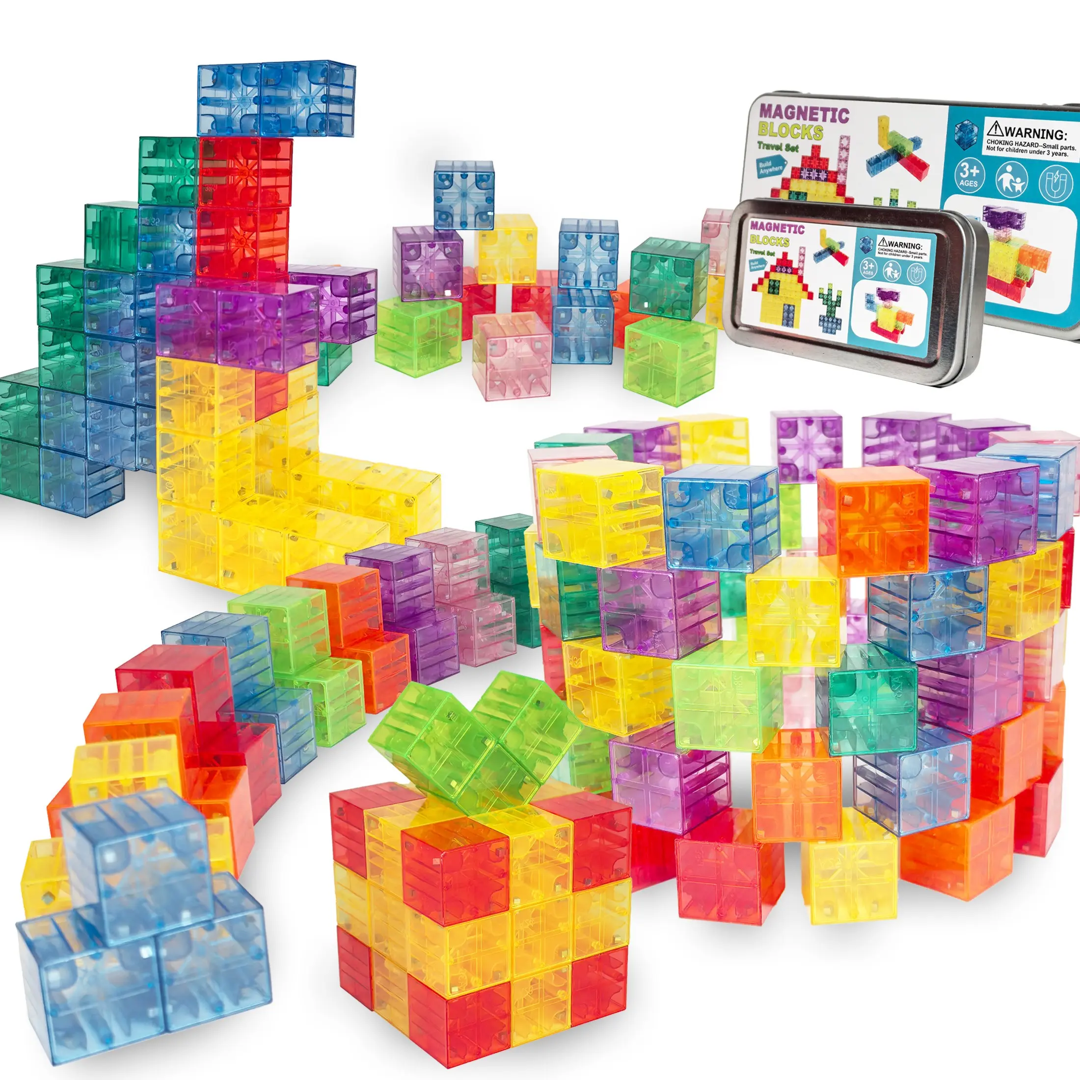 Magnetic Blocks with Metal Box, Mini Building Cubes Protable Travel Airplane Classroom Toys for Kids Ages 3+, STEM Educational Building Set for Toddlers Boys & Girls Birthday Gifts
