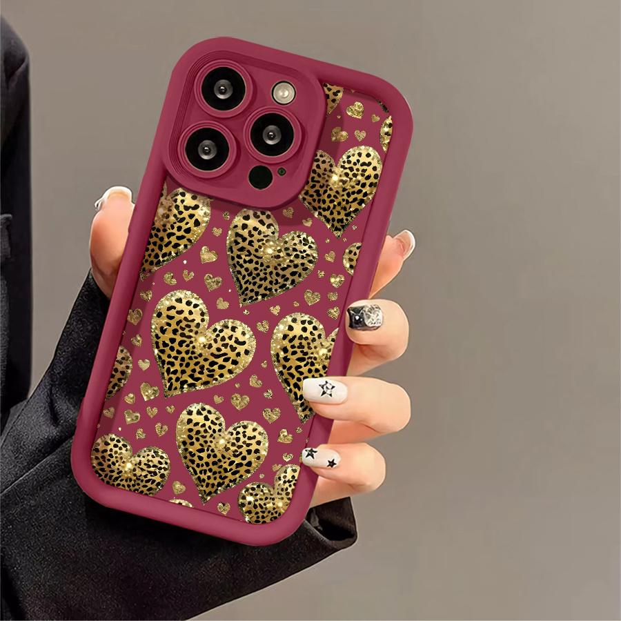 Phone Case - 1pc Leopard Print Golden Heart Phone Case Suitable for Apple iPhone 17 E Air Pro ProMax iPhone16 15 14 Plus 13 12 Mini 11 X XS XR Antidrop Shock Proof All Inclusive Lens Protection Light Luxury Style