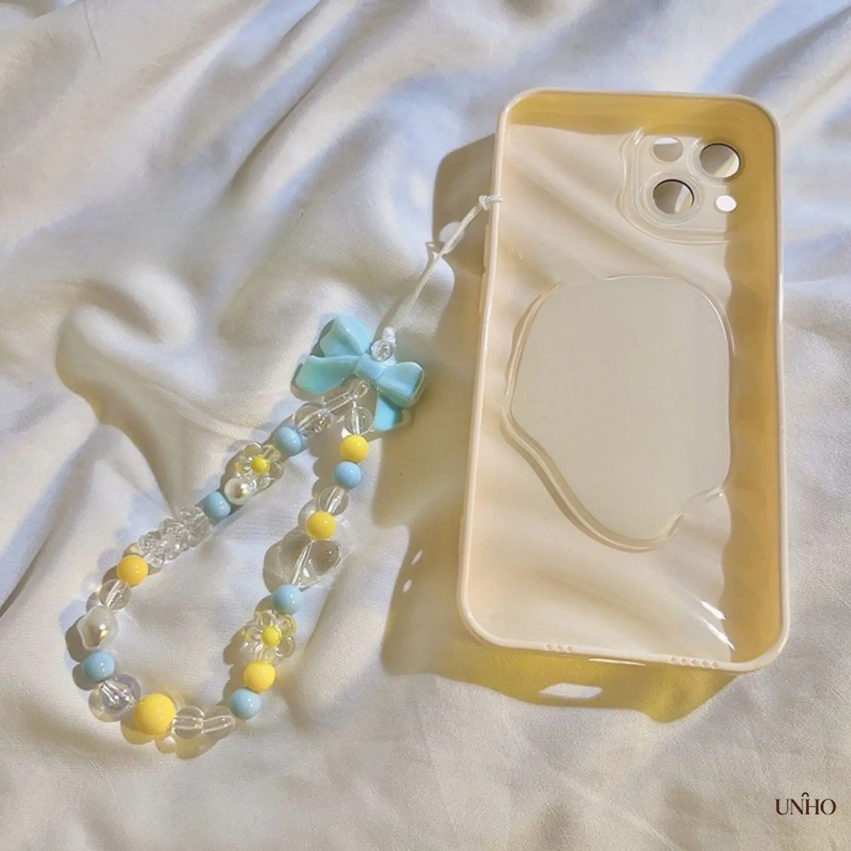 Beaded Chain With Color‑Blocked Bow Pendant In Yellow And Blue, Minimalist Unisex Accessory, Durable Hand‑Polished Bead Design, Lightweight Wrist Strap, Practical Phone Lanyard And CCD Camera Strap, Ideal For Daily Outfits, Travel Trips, Casual Hangouts A