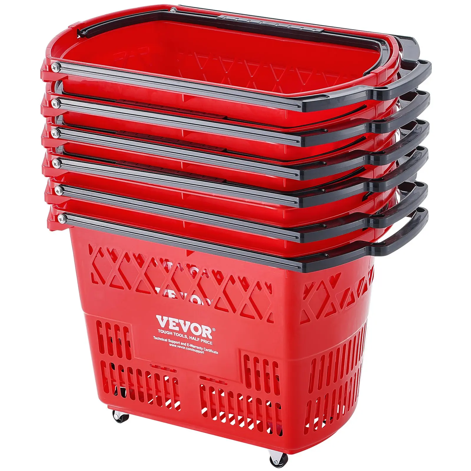 【Summerfinds】VEVOR Shopping Baskets, 6PCS, 39L Shopping Carts with Handles, Plastic Rolling Shopping Basket with Wheels, Large Portable Shopping Basket Set for Supermarkets, Retail Stores, Grocery Shopping, Red