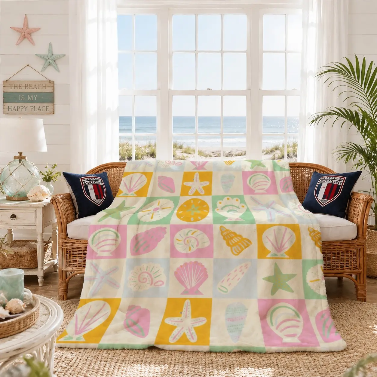 Color Block Plaid Ocean Shell Blanket, Single-side Print Cozy Nap Throw with Soft Skin-friendly Fabric. Suitable for Sofa, Bed and Office, Thoughtful Gift for Friends, Family and Ladies