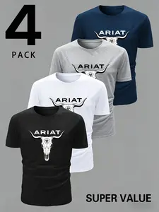 4-Pack Short Sleeve T-Shirts, Outdoor Ranch, Horseback Riding, Casual Wear, Cowboy Lovers, Skull Letter Print, Soft Breathable Fabric, Unisex, Streetwear