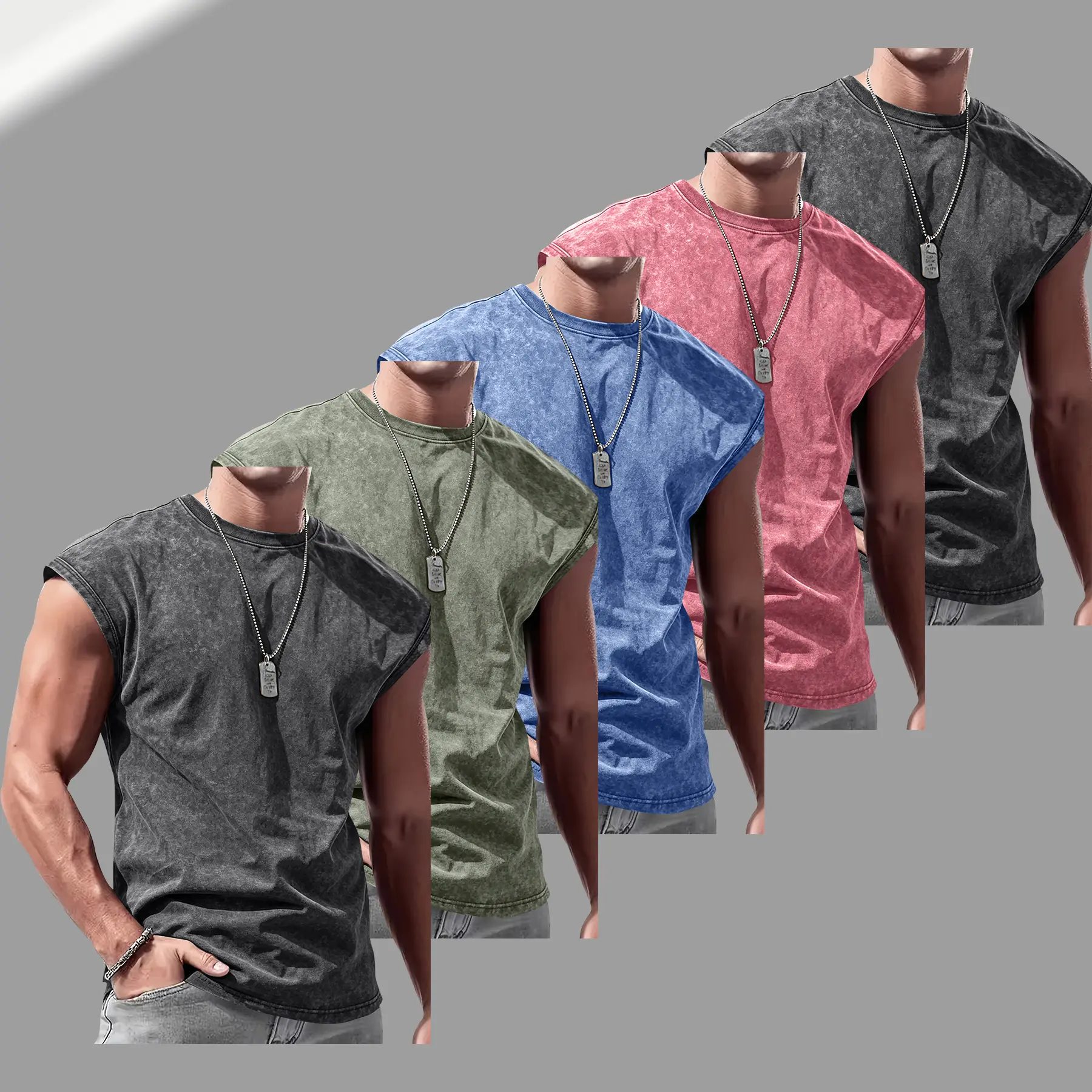 Men’s solid-color crew-neck cotton tank top with a washed distressed finish, available in 3-pack and 5-pack options. Regular fit casual streetwear sleeveless top; relaxed style, 2000s vibe. Suitable for running, golf, fishing, basketball, camping, gym wor