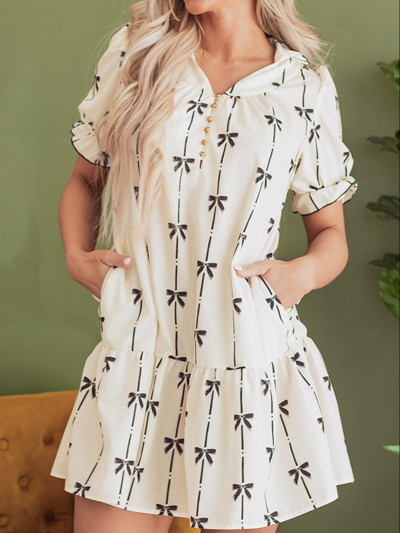 Women's Bowknot Print Bubble Sleeve Dress, Fashion Casual Fitted Short Sleeve Dress for Daily Outdoor Wear, Ladies Clothes for All Seasons