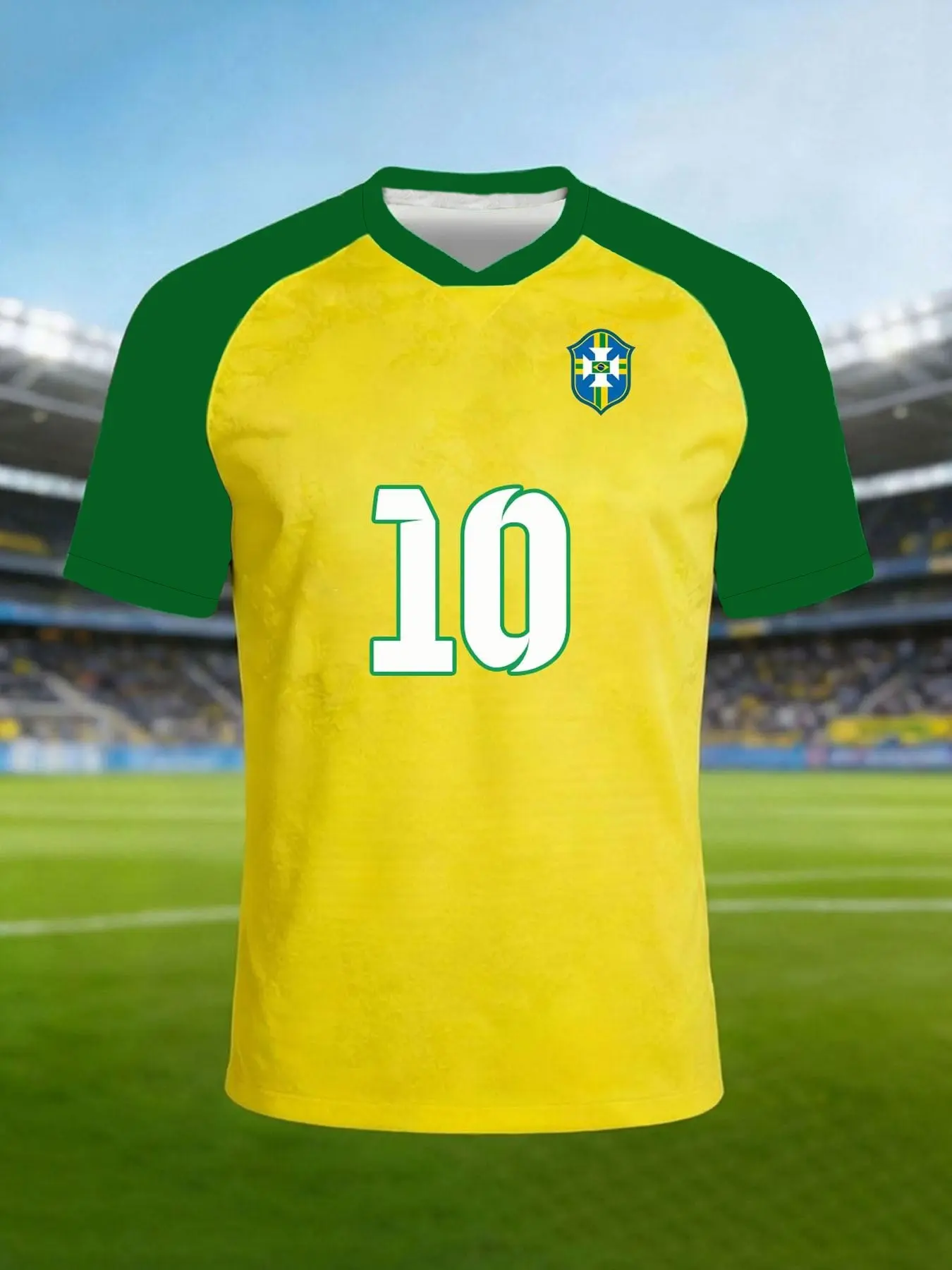 Brazilian football team uniform, yellow and green contrast-colored retro football short-sleeved shirt, jointed with Brazilian color-themed football T-shirt, Soccer Jersey, Sports Style Jersey, must-have for football fans