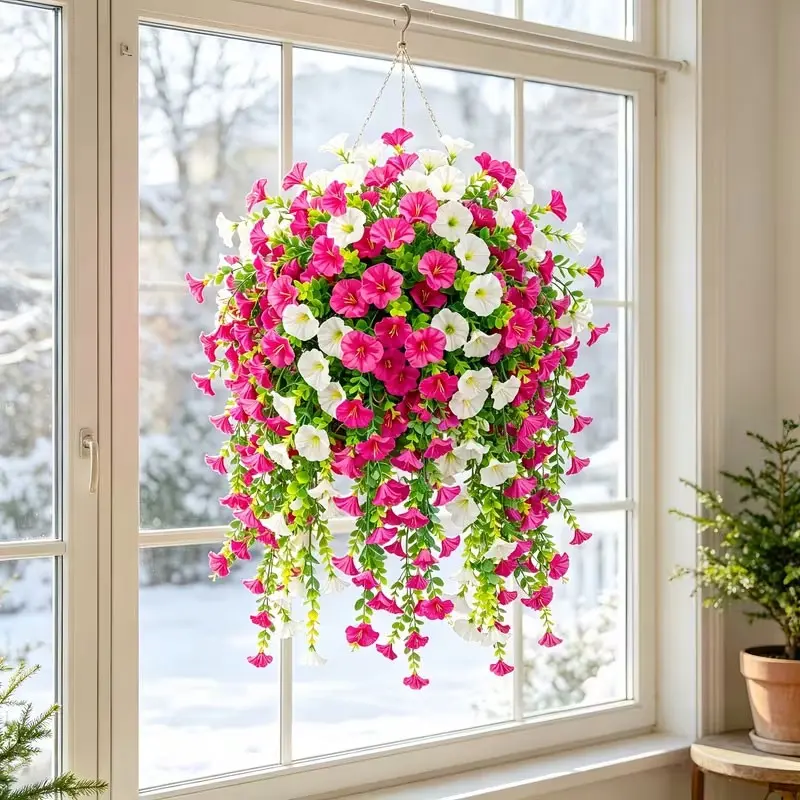 1-2 sets of double-color petunia hanging baskets, UV-resistant hanging flower baskets, suitable for outdoor gardens, patios, porches, windowsills for decoration, and as evergreen maintenance-free floral artificial flowers for garden landscaping.