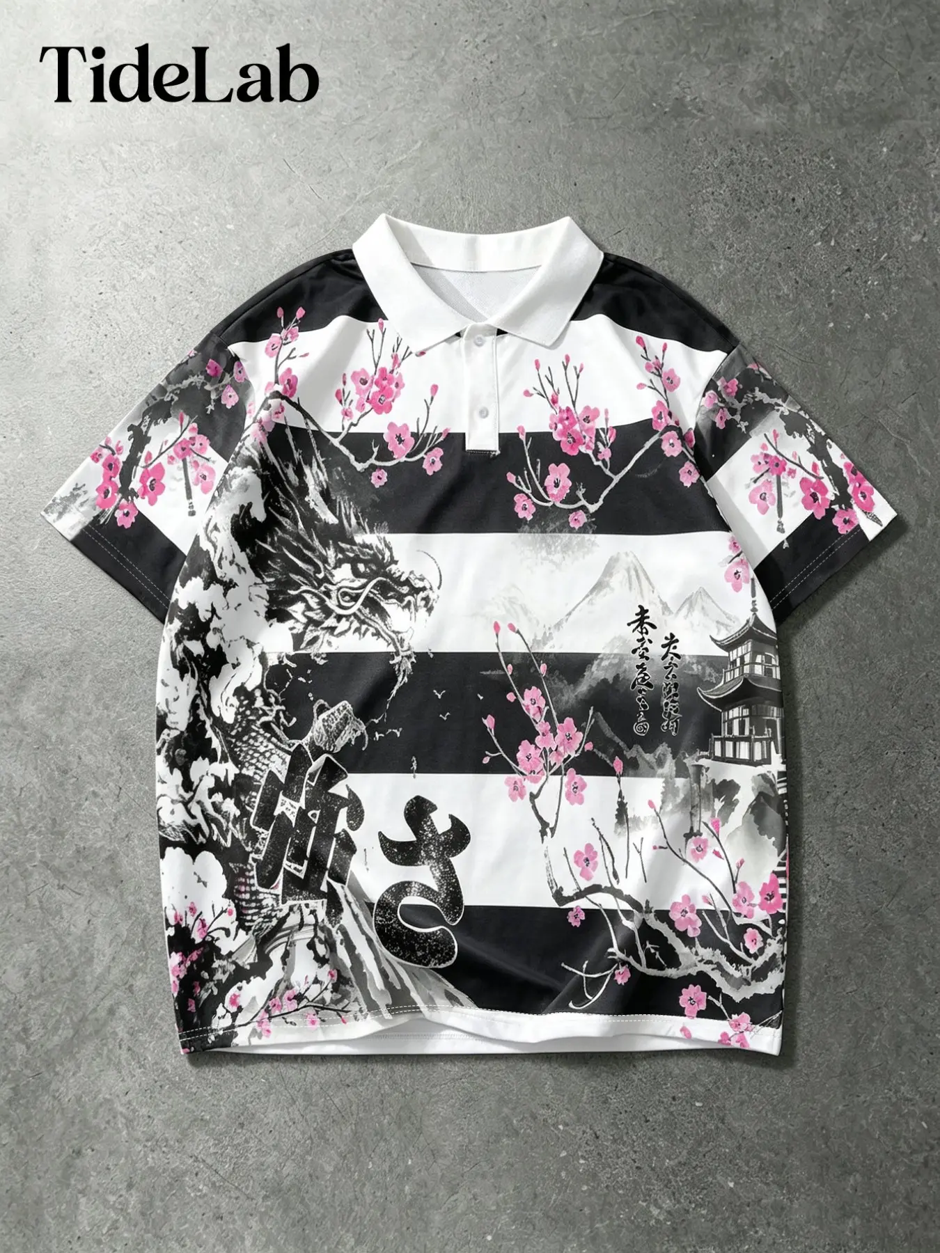 Unisex Striped Polo Shirt, Japanese Style Ink Dragon Cherry Blossom, Vintage Full Print Striped Polo, Casual Loose Fit, Cultural Aesthetics