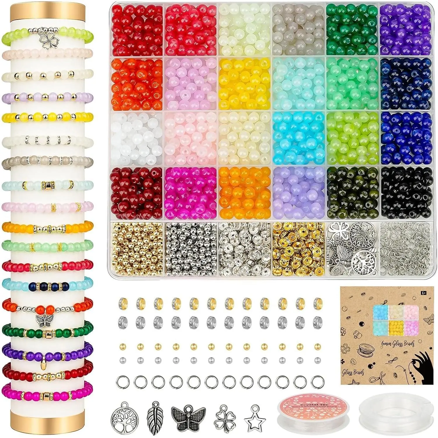 6mm Glass Beads Bracelet Making Kit 1400 count, 24 Colors  Beads for  Making Round Beads DIY Crafts with Spacer Beads Charms Accessories