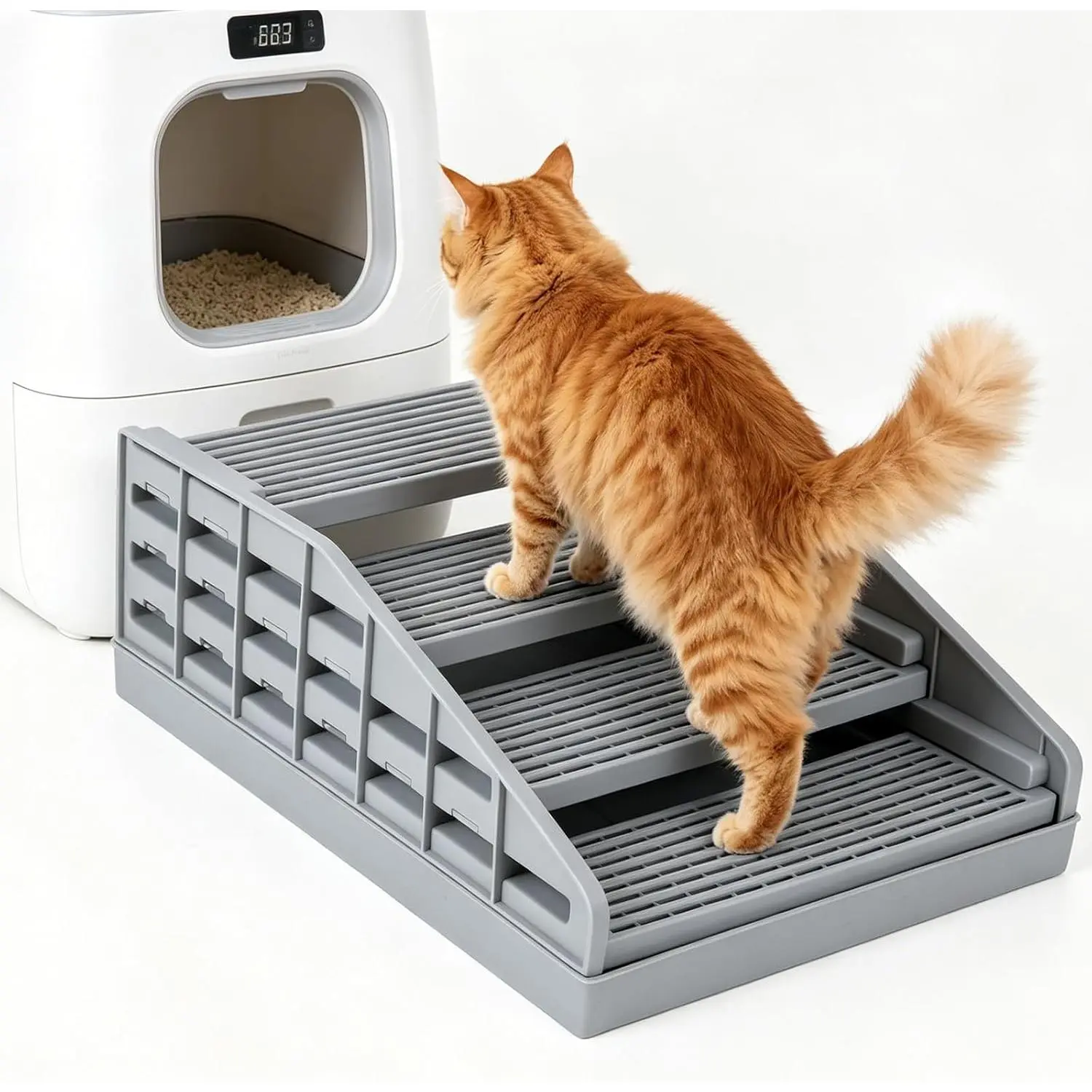 Adjustable Litter Box Ramp, Elevated Cat Ramp/Stairs with Filter Function, Litter Box Step for Small & Elderly Cats, Fits Automatic Litter Boxes